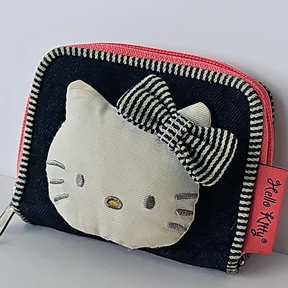 Y2K Sanrio Hello Kitty Denim Wallet Plush 3D Cat Kitten Pink Zipper Bow 1719